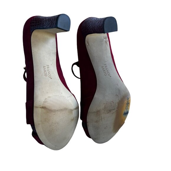 Franco Sarto Women’s Size 9.5 M Heels Maroon & Red Suede Snake Skin Peep Toe - Picture 7 of 11